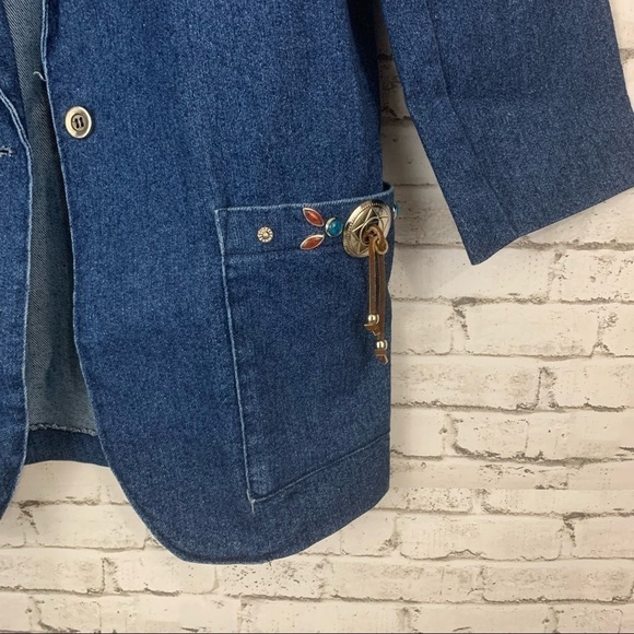 VINTAGE 80s Western Crackle Stone Embellished Denim Blazer Jacket Size 10 - Picture 7 of 12